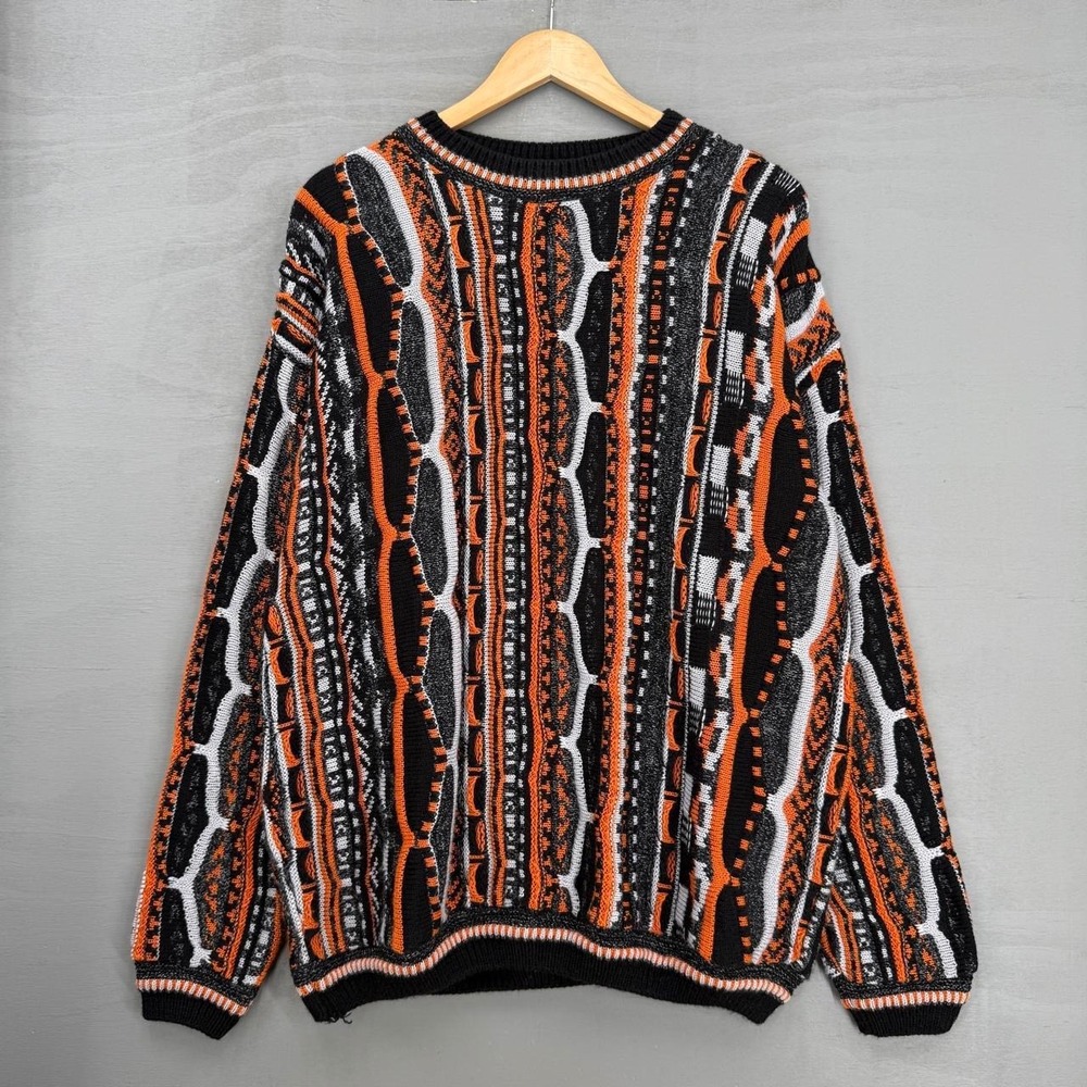 Lavane Sweater Orange Black Coogi Stule 3D Textured Knit Abstract Crewneck XL